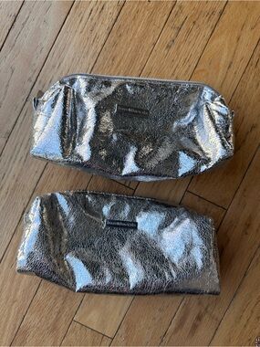 2 !!  BareMinerals Metallic Silver Cracked-Foil Makeup Pouch Duo